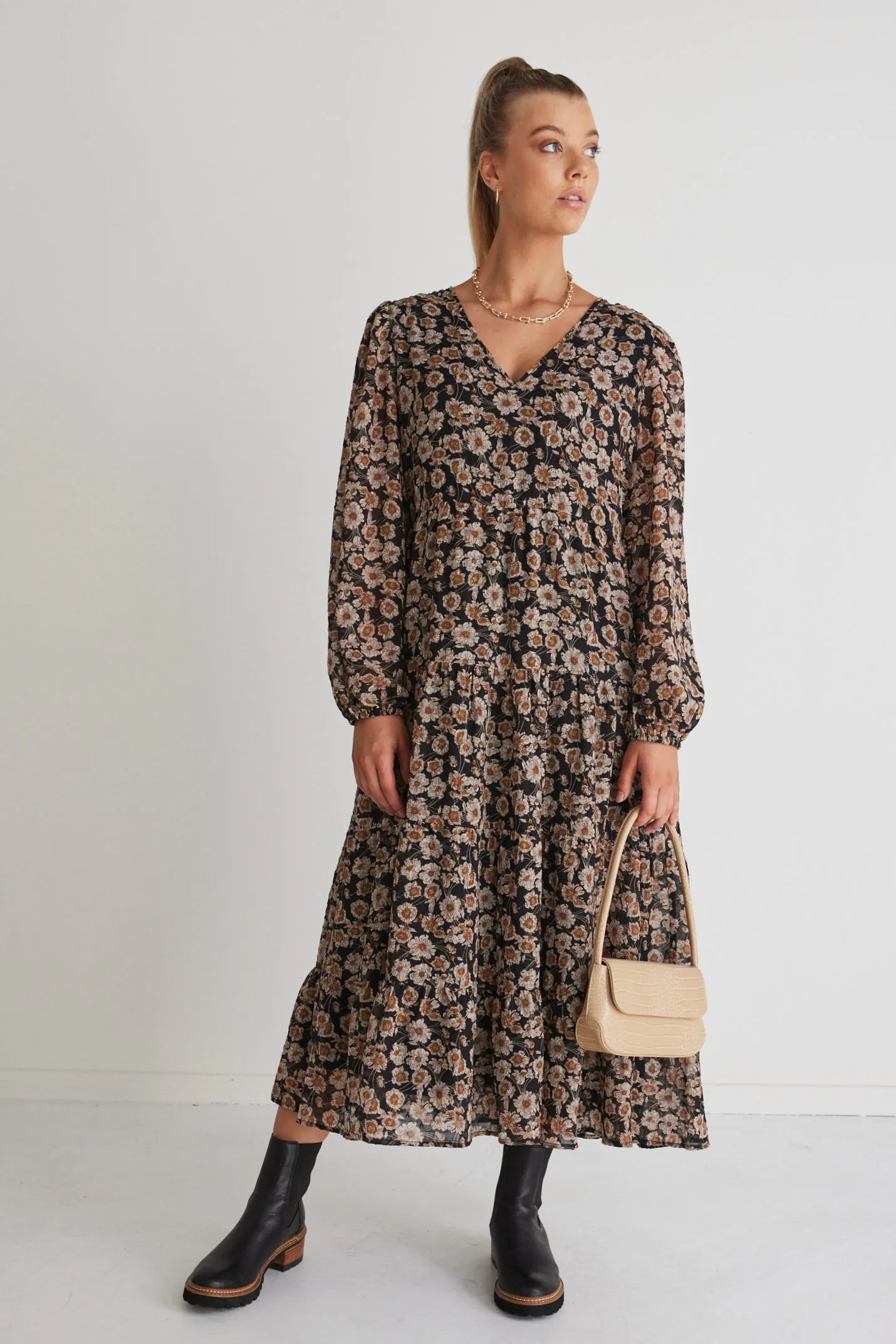 Rory Black Gold Floral Ls V Neck Tiered Maxi Dress