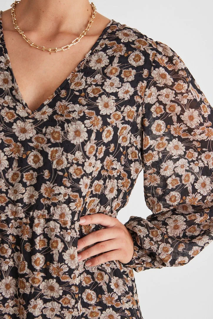 Rory Black Gold Floral Ls V Neck Tiered Maxi Dress