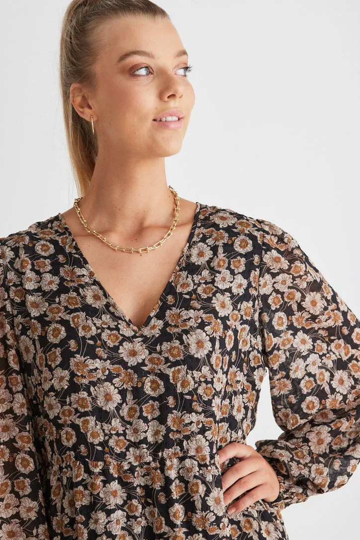 Rory Black Gold Floral Ls V Neck Tiered Maxi Dress