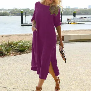 Round Neck Loose Elegant Cotton Linen Retro Long Sleeve Slit Boho Casual Summer Dress