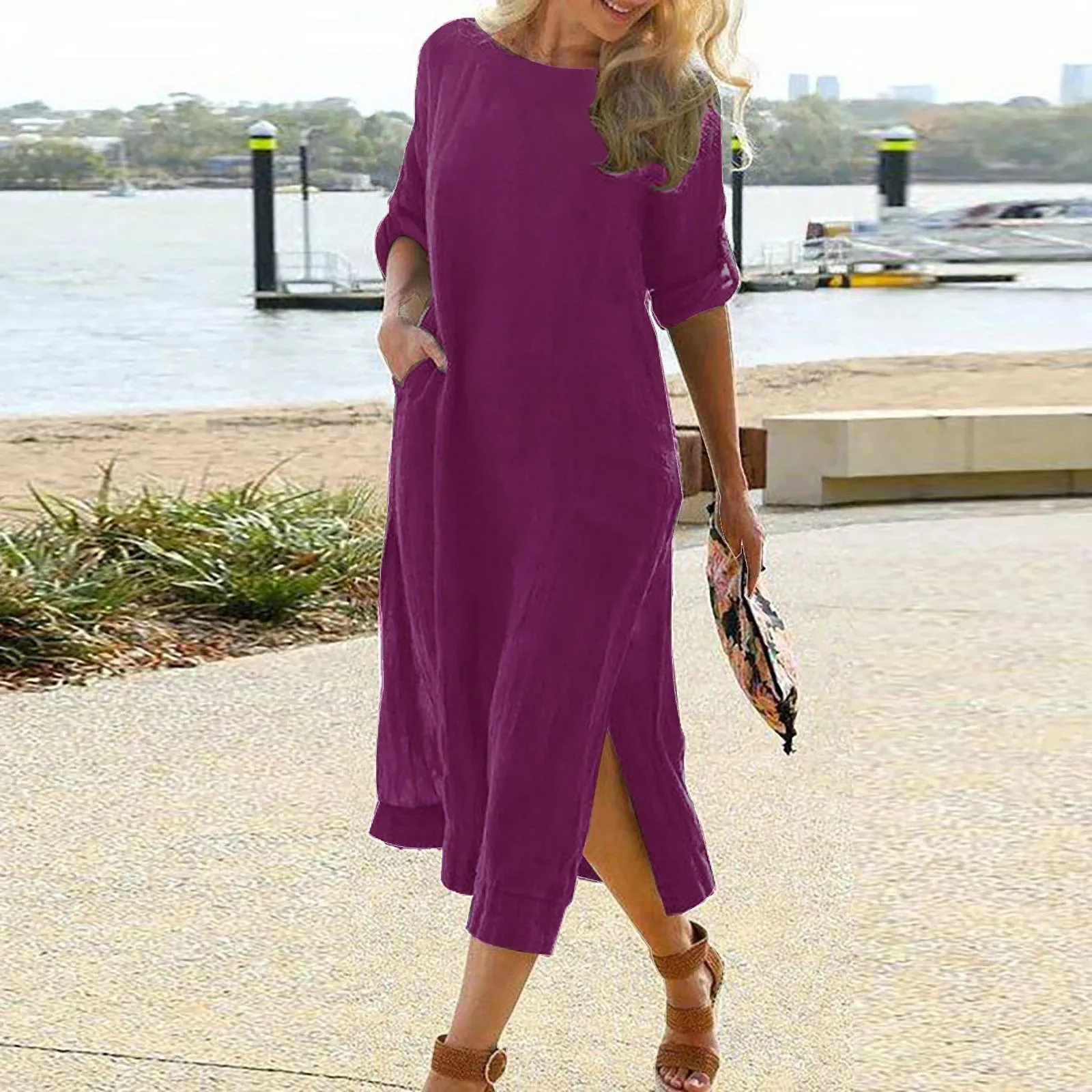 Round Neck Loose Elegant Cotton Linen Retro Long Sleeve Slit Boho Casual Summer Dress