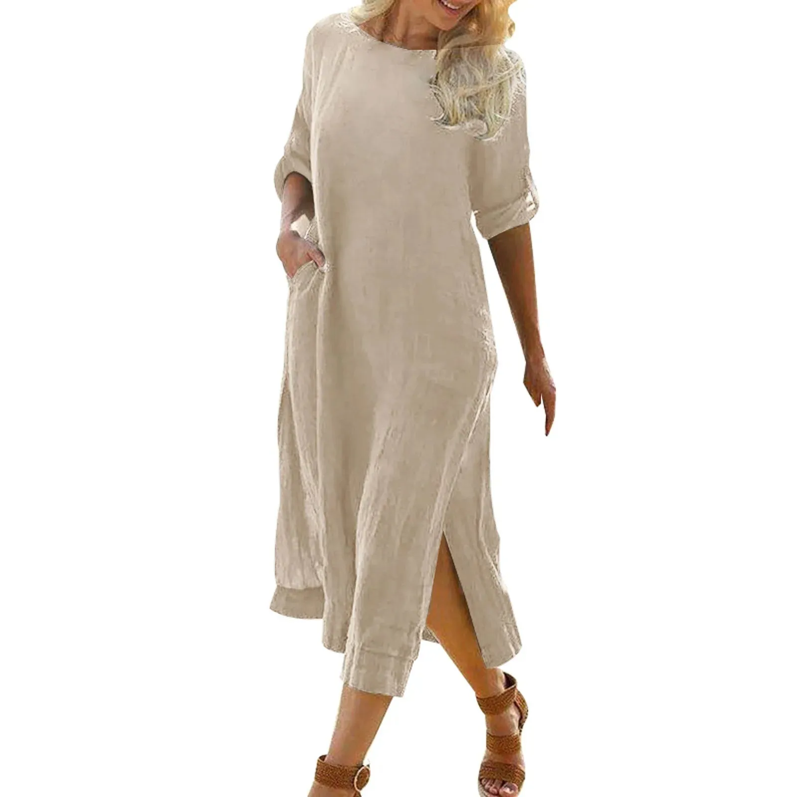 Round Neck Loose Elegant Cotton Linen Retro Long Sleeve Slit Boho Casual Summer Dress