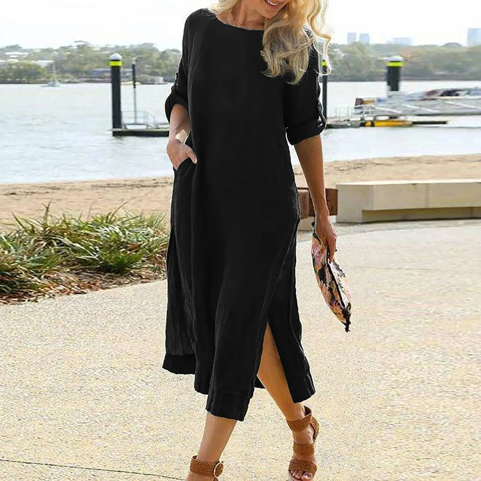 Round Neck Loose Elegant Cotton Linen Retro Long Sleeve Slit Boho Casual Summer Dress