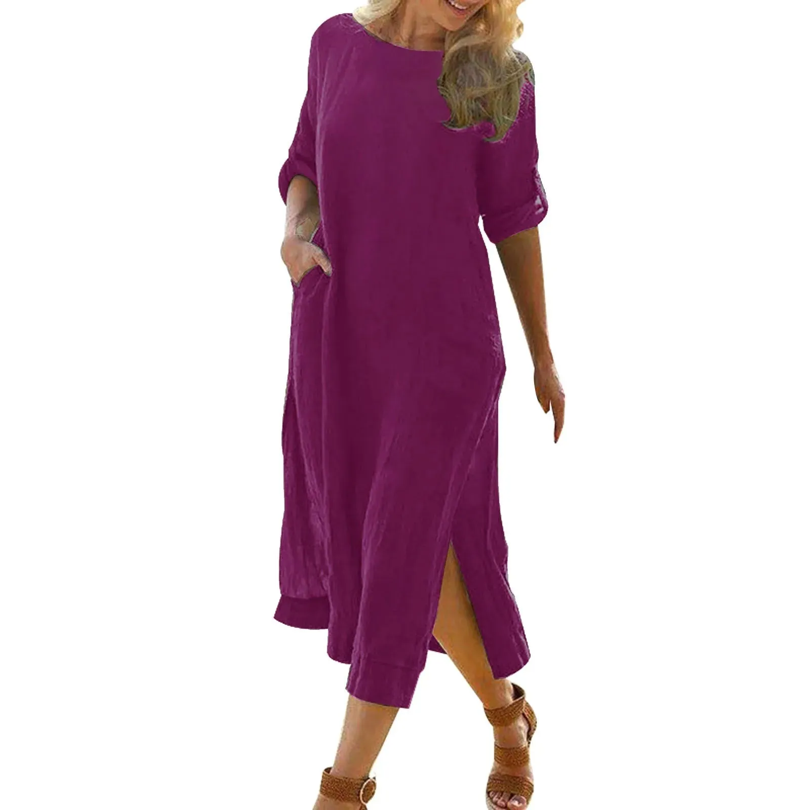 Round Neck Loose Elegant Cotton Linen Retro Long Sleeve Slit Boho Casual Summer Dress