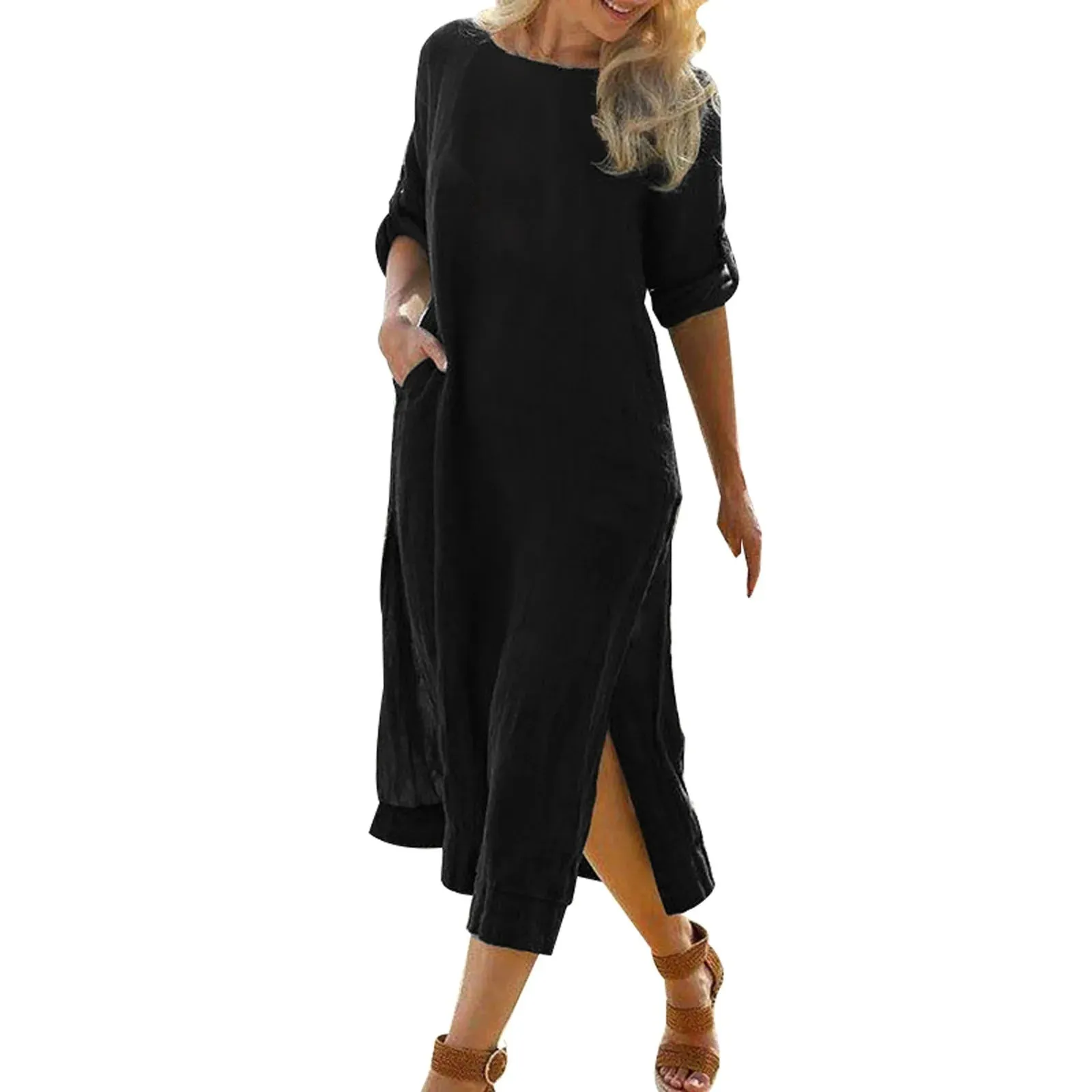 Round Neck Loose Elegant Cotton Linen Retro Long Sleeve Slit Boho Casual Summer Dress