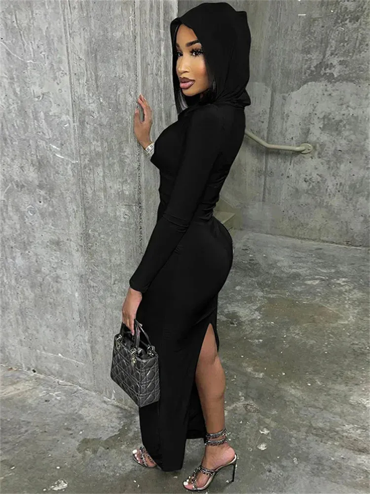 Simenual Solid Casual Hooded Long Sleeve Maxi Dress Fashion Elegant Women Hem Split Bodycon Dresses Y2K Basic Trim Streetwear