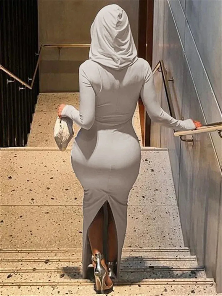 Simenual Solid Casual Hooded Long Sleeve Maxi Dress Fashion Elegant Women Hem Split Bodycon Dresses Y2K Basic Trim Streetwear