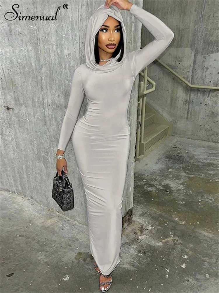 Simenual Solid Casual Hooded Long Sleeve Maxi Dress Fashion Elegant Women Hem Split Bodycon Dresses Y2K Basic Trim Streetwear