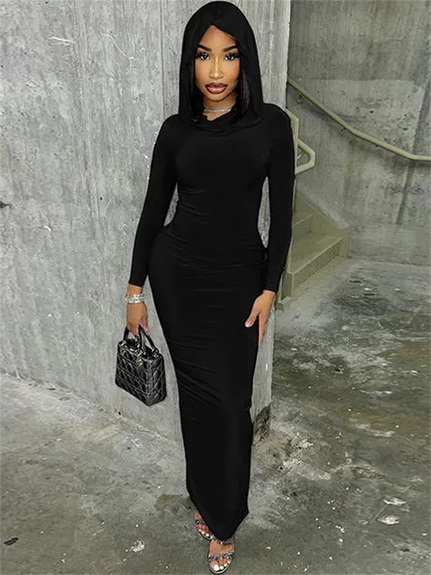 Simenual Solid Casual Hooded Long Sleeve Maxi Dress Fashion Elegant Women Hem Split Bodycon Dresses Y2K Basic Trim Streetwear