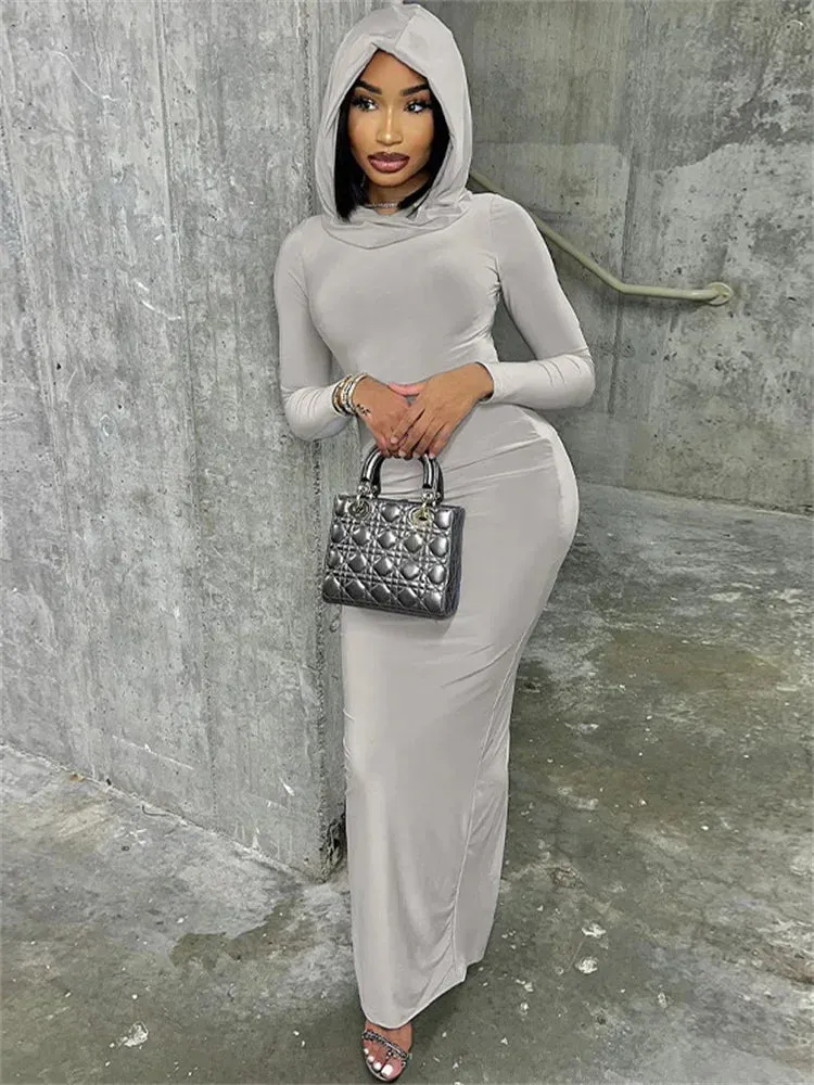 Simenual Solid Casual Hooded Long Sleeve Maxi Dress Fashion Elegant Women Hem Split Bodycon Dresses Y2K Basic Trim Streetwear