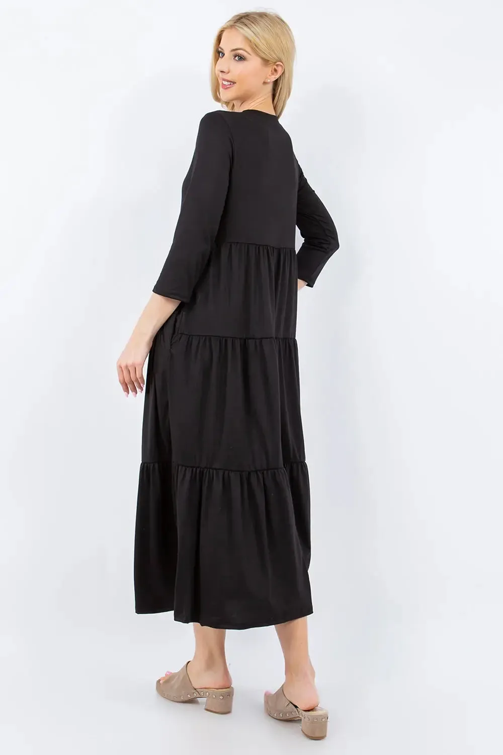 Size-Inclusive Tiered Midi Dress with Pockets