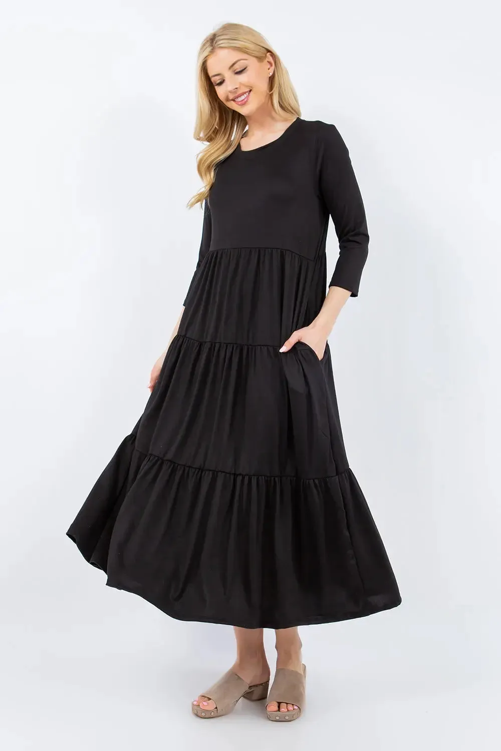 Size-Inclusive Tiered Midi Dress with Pockets