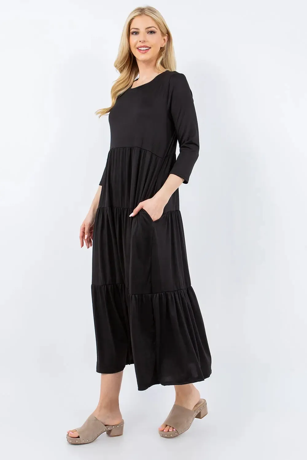 Size-Inclusive Tiered Midi Dress with Pockets