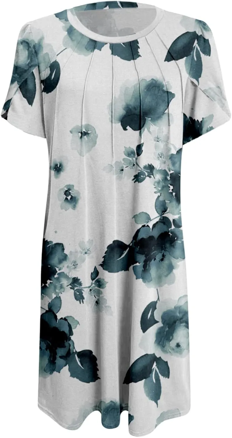 Summer Dress Casual Womens Fashion Short Sleeve Floral Print Long Dress with Pocket Boho V Neck Button A Line Dress