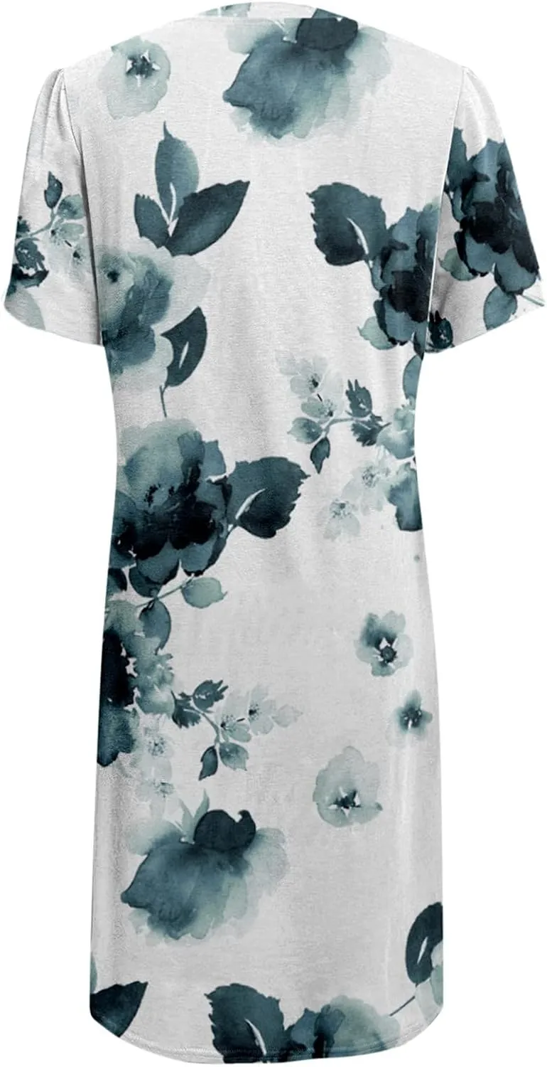Summer Dress Casual Womens Fashion Short Sleeve Floral Print Long Dress with Pocket Boho V Neck Button A Line Dress