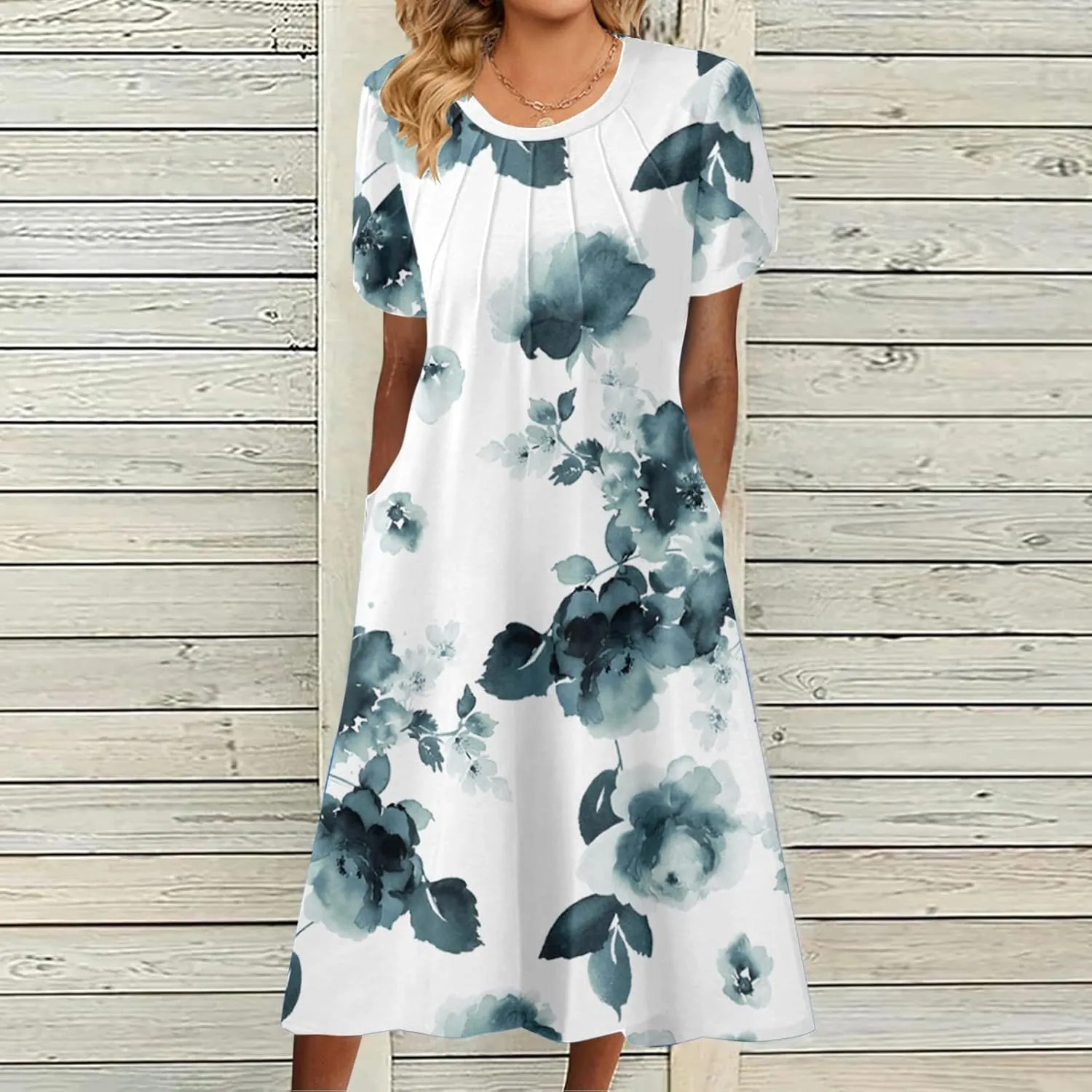 Summer Dress Casual Womens Fashion Short Sleeve Floral Print Long Dress with Pocket Boho V Neck Button A Line Dress
