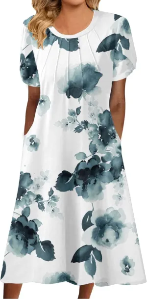 Summer Dress Casual Womens Fashion Short Sleeve Floral Print Long Dress with Pocket Boho V Neck Button A Line Dress