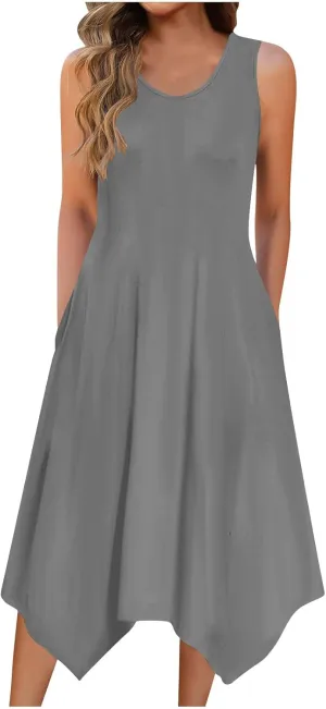 Summer Dresses for Women 2025 Elegant Print Swing Hem Tank Midi Dresses Casual Plus Size Sleeveless Crewneck Sundress
