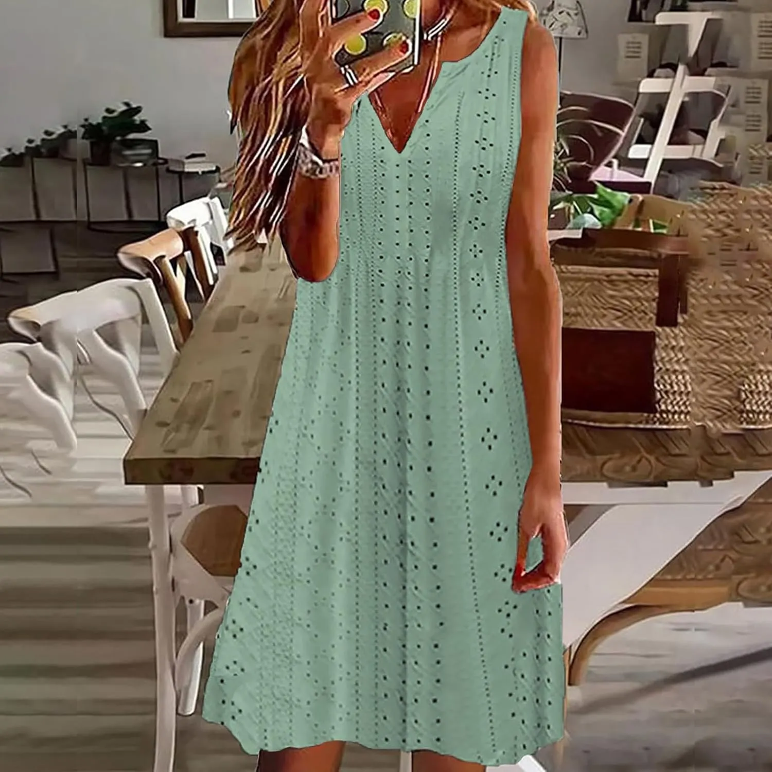 Summer Dresses for Women Sleeveless Eyelet Dress V Neck Midi Dress Elegant Beach Dress Casual Loose Vacation Dress