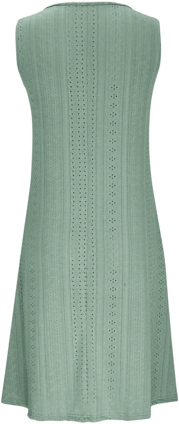 Summer Dresses for Women Sleeveless Eyelet Dress V Neck Midi Dress Elegant Beach Dress Casual Loose Vacation Dress