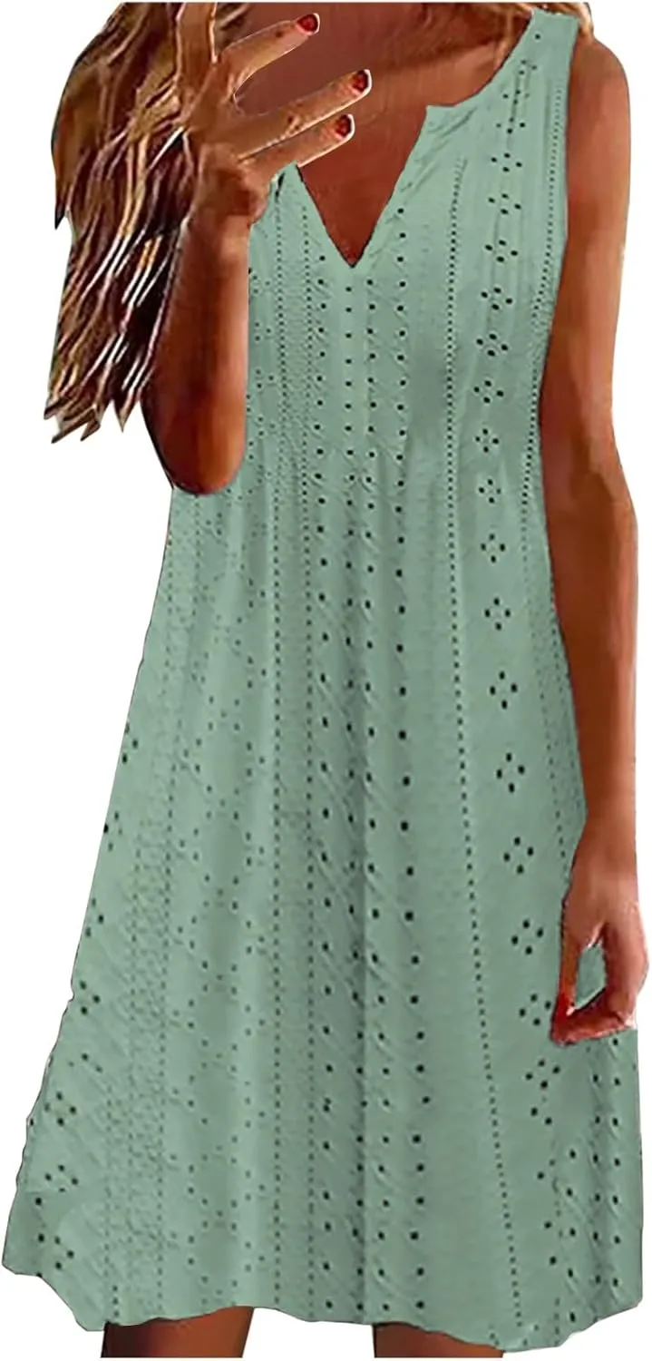 Summer Dresses for Women Sleeveless Eyelet Dress V Neck Midi Dress Elegant Beach Dress Casual Loose Vacation Dress