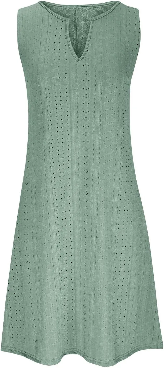 Summer Dresses for Women Sleeveless Eyelet Dress V Neck Midi Dress Elegant Beach Dress Casual Loose Vacation Dress