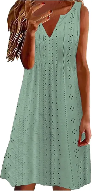 Summer Dresses for Women Sleeveless Eyelet Dress V Neck Midi Dress Elegant Beach Dress Casual Loose Vacation Dress