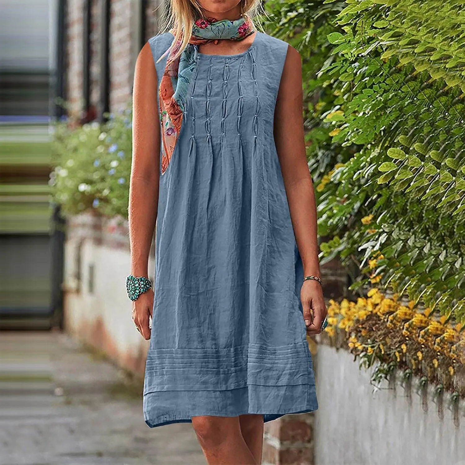 TARIENDY Womens Cotton Linen Dresses Casual Summer Crewneck Sleeveless Dress Plus Size Pleated Sundress Loose Sundresses
