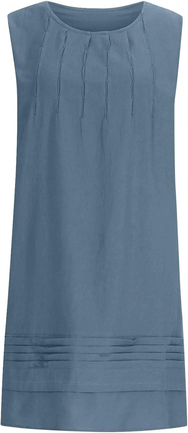 TARIENDY Womens Cotton Linen Dresses Casual Summer Crewneck Sleeveless Dress Plus Size Pleated Sundress Loose Sundresses