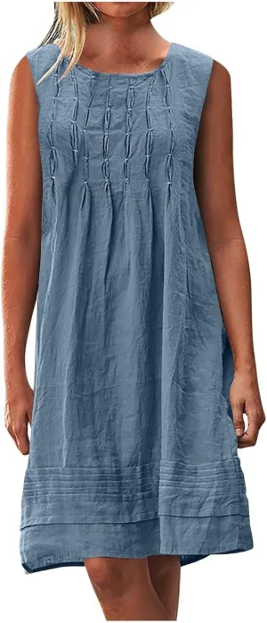TARIENDY Womens Cotton Linen Dresses Casual Summer Crewneck Sleeveless Dress Plus Size Pleated Sundress Loose Sundresses
