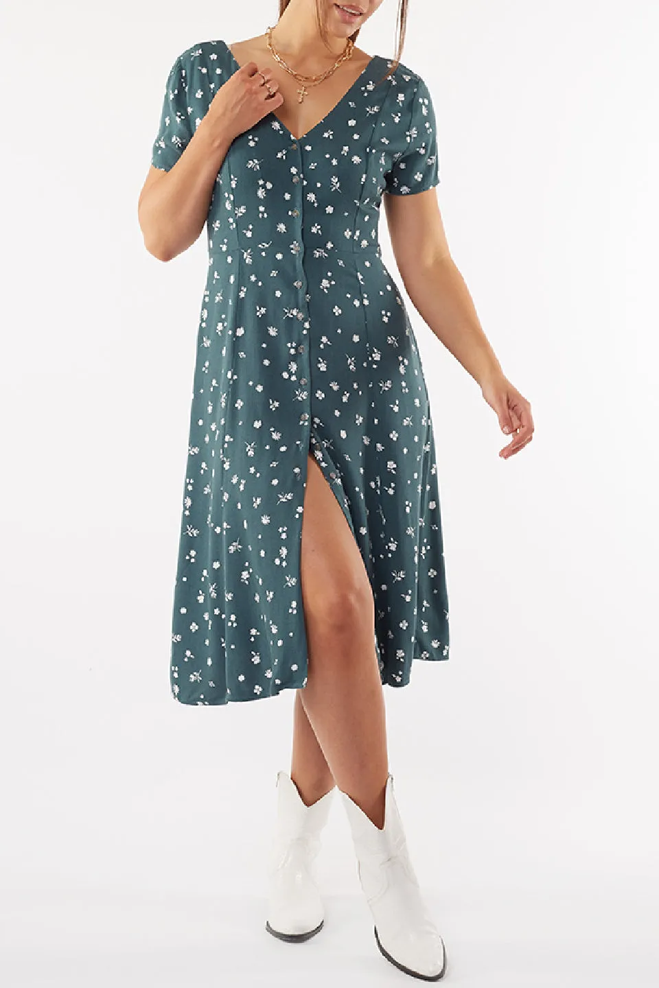 Teal Blossom Print V Neck Midi Dress