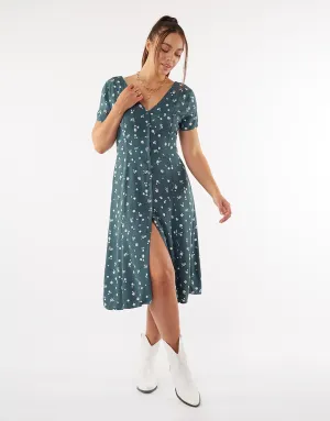 Teal Blossom Print V Neck Midi Dress