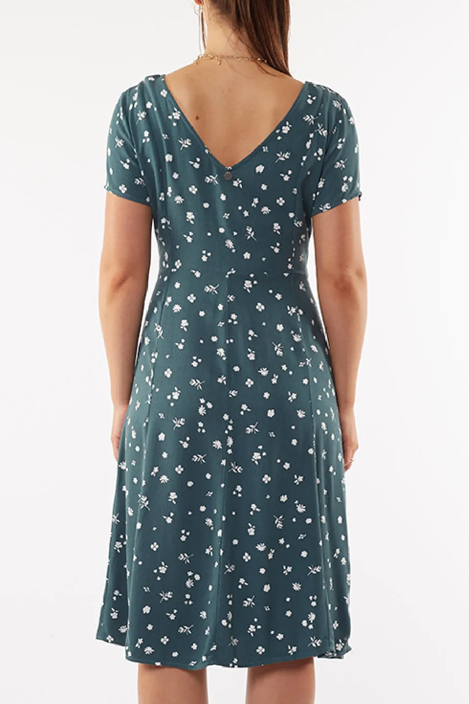 Teal Blossom Print V Neck Midi Dress