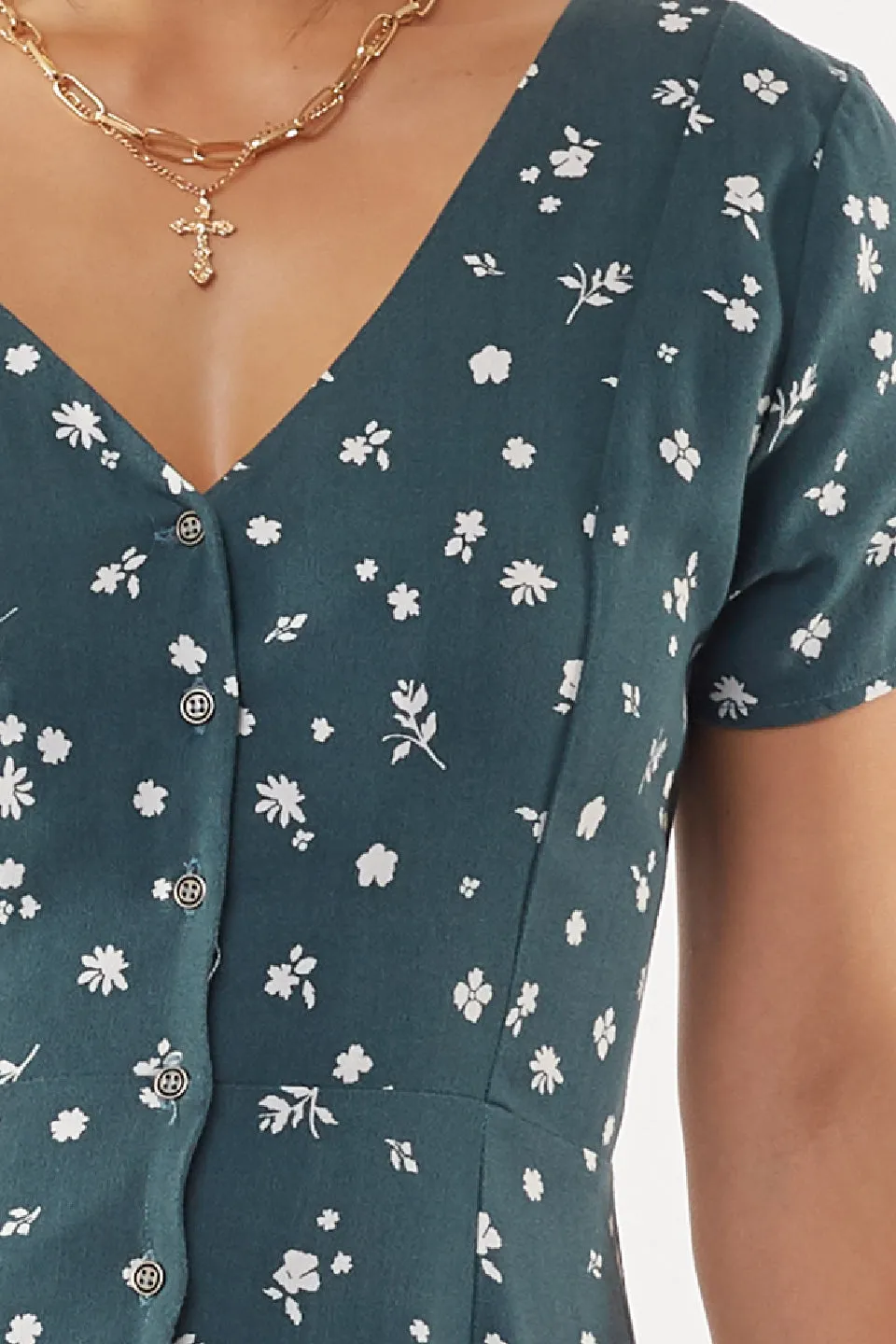 Teal Blossom Print V Neck Midi Dress