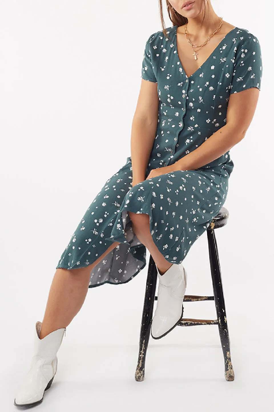 Teal Blossom Print V Neck Midi Dress