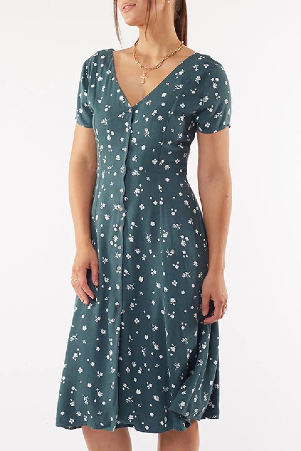 Teal Blossom Print V Neck Midi Dress