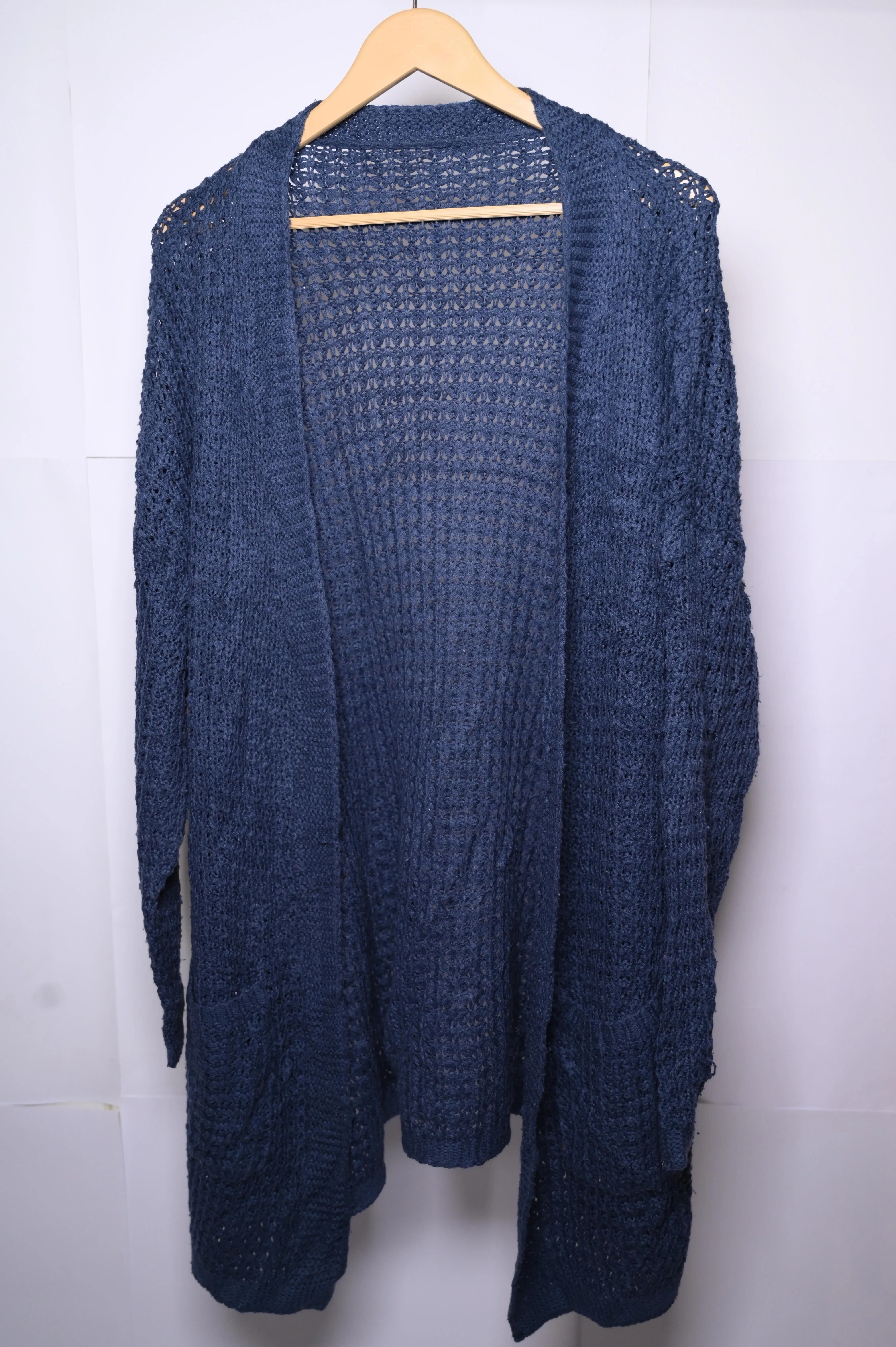 Thriftyfy Navy Blue Knitted Long Shrug – Chic & Cozy Layer