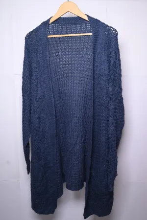 Thriftyfy Navy Blue Knitted Long Shrug – Chic & Cozy Layer