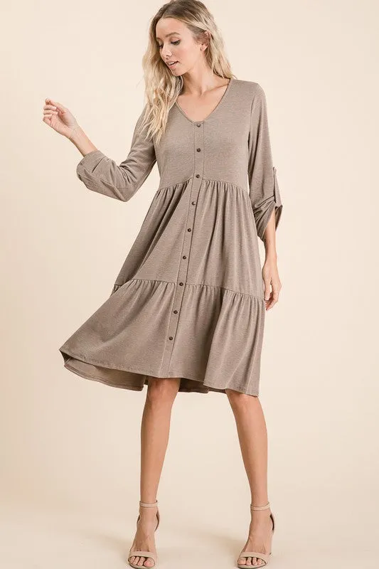Tiered Button Up Midi Dress - teal, taupe