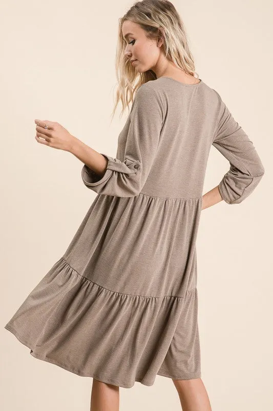Tiered Button Up Midi Dress - teal, taupe