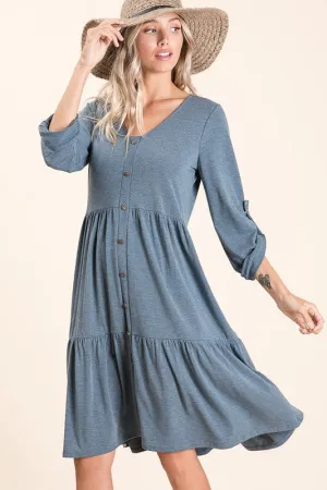 Tiered Button Up Midi Dress - teal, taupe