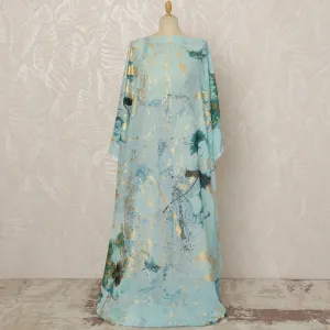 Traditional Somali Dirac Premium Italian Pure Cotton Voile Fabric with Metallic Gold Foil in Light Blue and Green Floral Design, 3.5 Meters, 140 cm Width-D20619