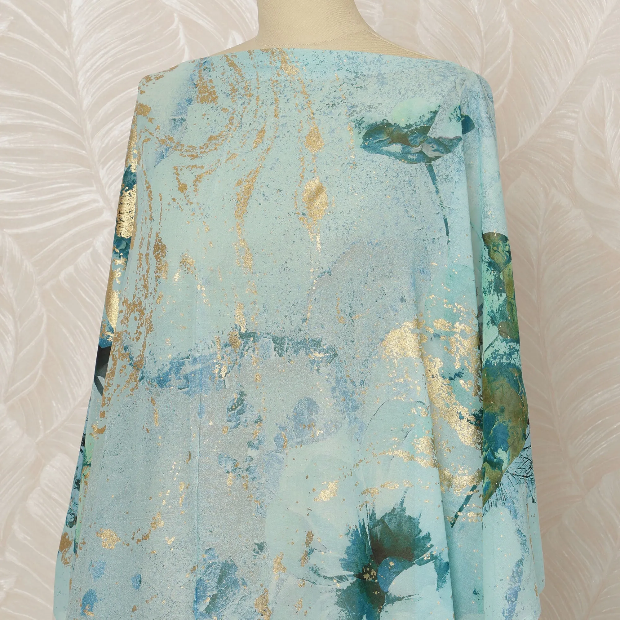 Traditional Somali Dirac Premium Italian Pure Cotton Voile Fabric with Metallic Gold Foil in Light Blue and Green Floral Design, 3.5 Meters, 140 cm Width-D20619