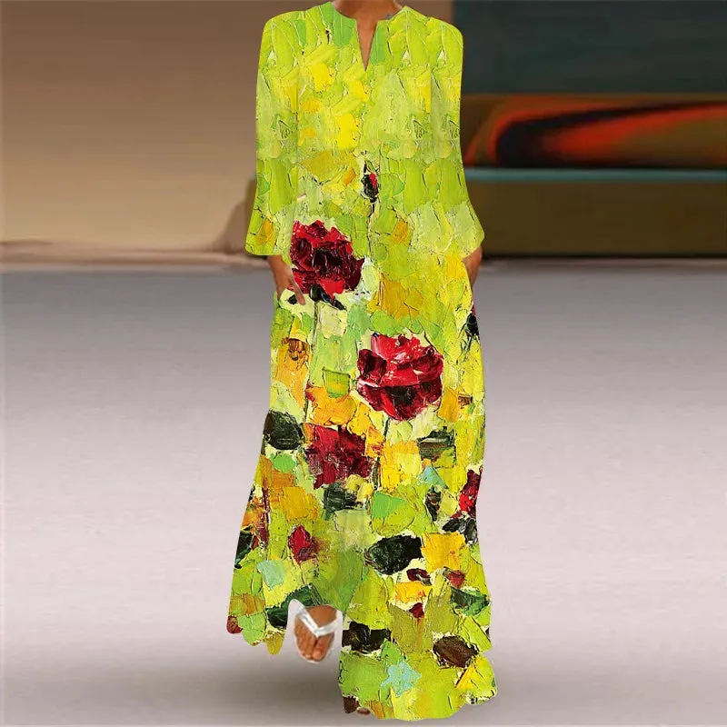 Vintage Women's Fashion Long Dress 2023 Elegant Women's Butterfly Print V-Neck Long Sleeve Pocket Loose Casual Dresses S-5XL