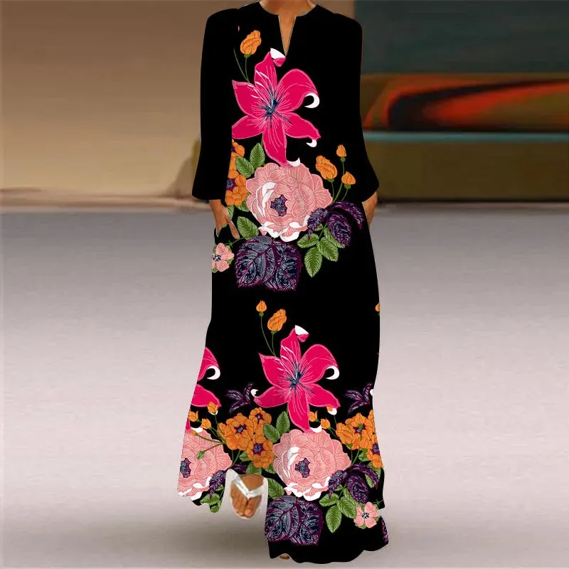 Vintage Women's Fashion Long Dress 2023 Elegant Women's Butterfly Print V-Neck Long Sleeve Pocket Loose Casual Dresses S-5XL