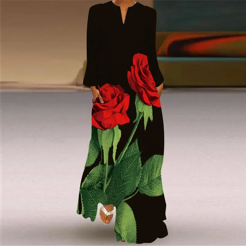 Vintage Women's Fashion Long Dress 2023 Elegant Women's Butterfly Print V-Neck Long Sleeve Pocket Loose Casual Dresses S-5XL