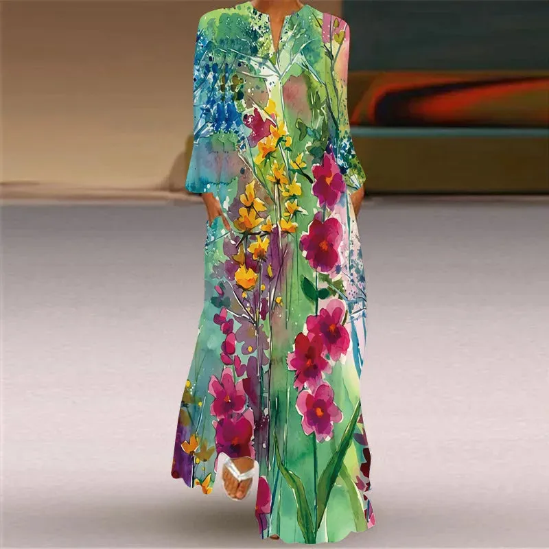Vintage Women's Fashion Long Dress 2023 Elegant Women's Butterfly Print V-Neck Long Sleeve Pocket Loose Casual Dresses S-5XL