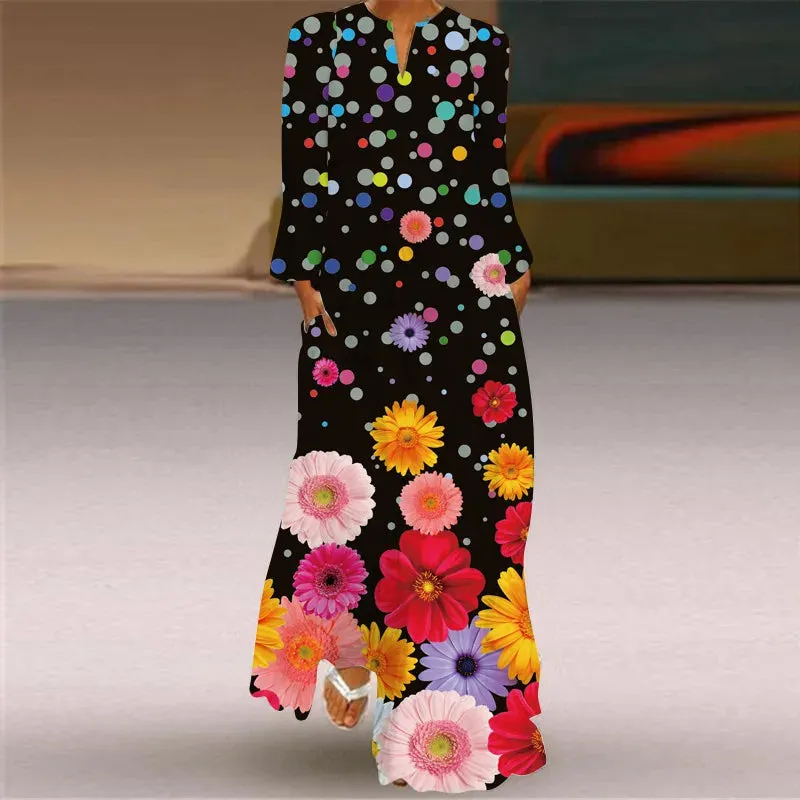 Vintage Women's Fashion Long Dress 2023 Elegant Women's Butterfly Print V-Neck Long Sleeve Pocket Loose Casual Dresses S-5XL