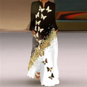 Vintage Women's Fashion Long Dress 2023 Elegant Women's Butterfly Print V-Neck Long Sleeve Pocket Loose Casual Dresses S-5XL