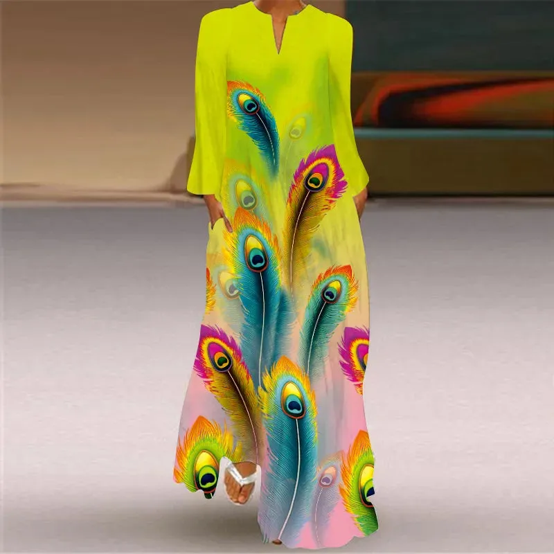 Vintage Women's Fashion Long Dress 2023 Elegant Women's Butterfly Print V-Neck Long Sleeve Pocket Loose Casual Dresses S-5XL